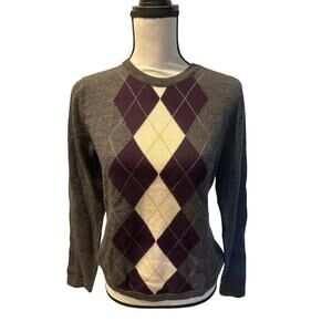 ⭐️ Women’s Tweeds Gray Argyle 100% Merino Wool Sweater. Size Medium Preppy